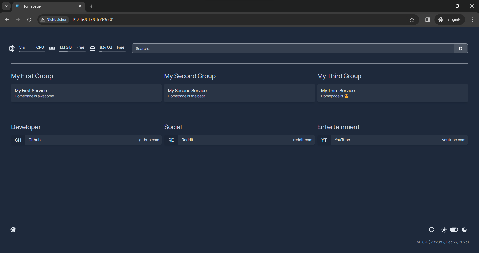 Screenshot der lokelen homepage installation