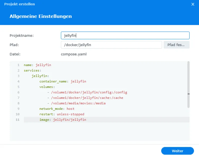 Jellyfin Synology Container Manager Projekt YAML konfigurieren