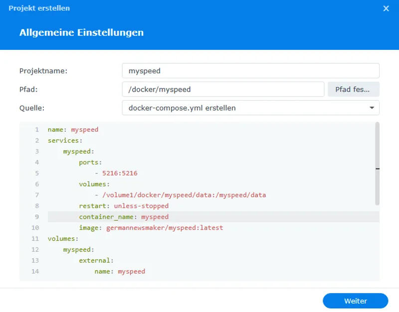 Synology Container Manager Projekt erstellen